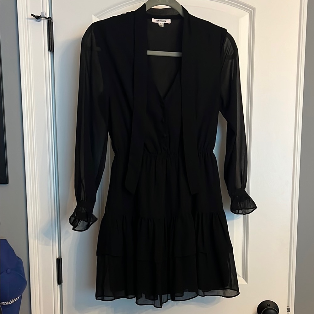 Long Sleeve Black Tiered Dress with Tie Neck